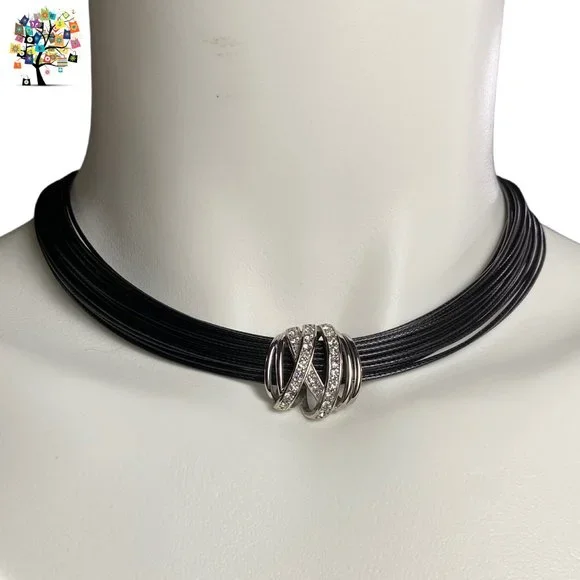 Black Cord/Stainless Steel/Crystals Necklace - Picture 4 of 4